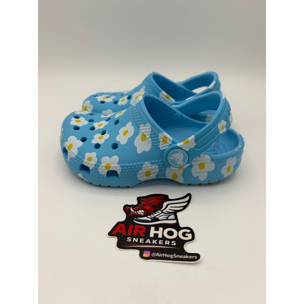 Crocs Classic Clog Kids Blue Daisy Floral Print Slip On Sandals Size 8 Toddler